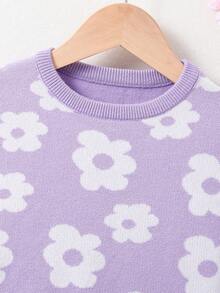 SHEIN Suéter De Niña Con Hombros Caídos Y Patrón Floral - Morado - Ver 5