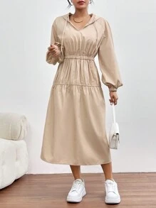 SHEIN Essnce Vestido De Mujer Con Capucha Y Mangas De Linterna Con Cordón Y Color Sólido - Caqui - Ver 5