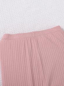 SHEIN Girls' Loose Fit Casual Solid Color Mesh Striped Ruffle Hem Short Sleeve T-shirt And Leggings Pajama Set - Pink - View 5