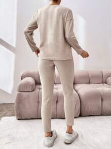 SHEIN Cottnline Women'S Knit Ribbed Drop Shoulder Top And Pants Set - Apricot - View 2