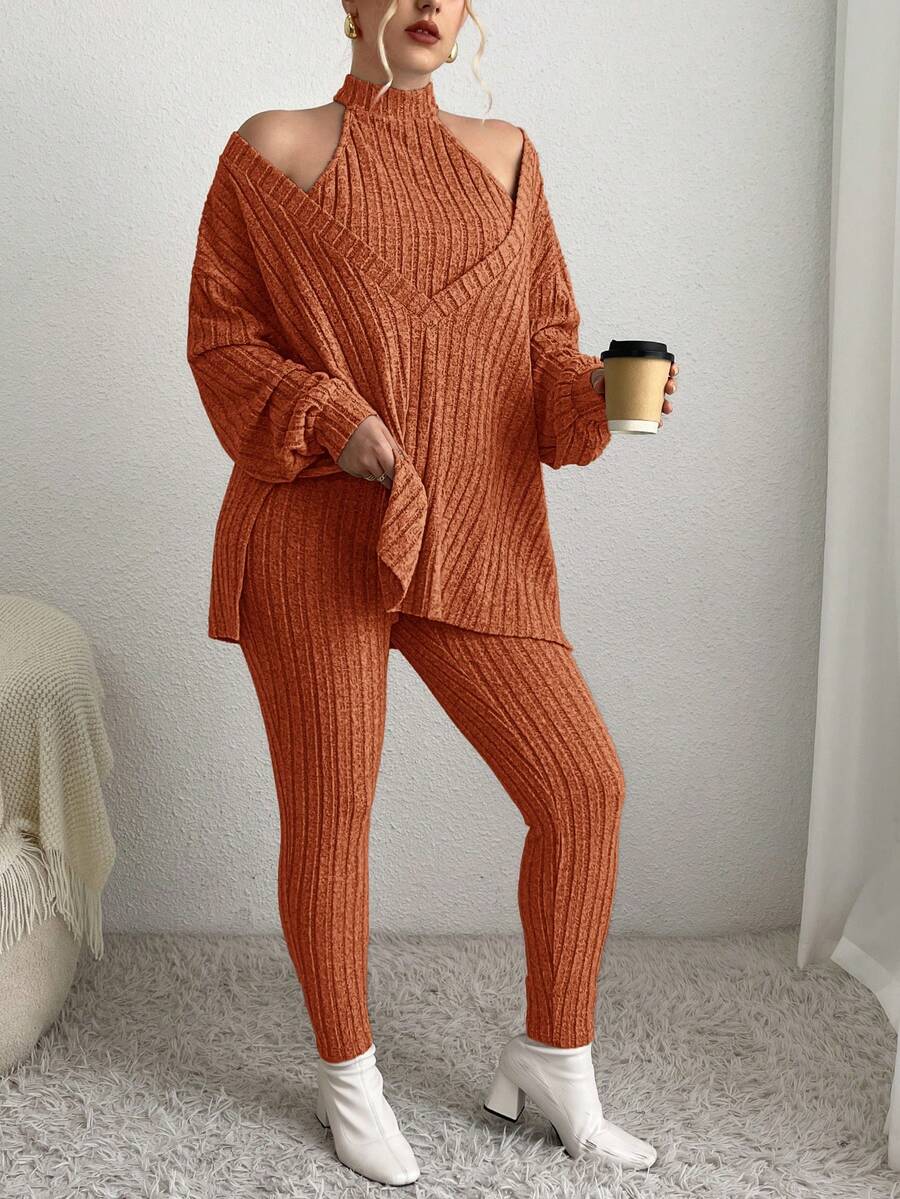 SHEIN Essnce Plus Size 3pcs Solid Color Ribbed Knitwear Set - Rust Brown - View 1