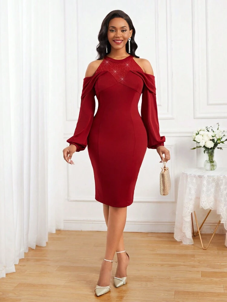 Women's Scoop-shoulder Lantern Sleeve Bodycon Dress