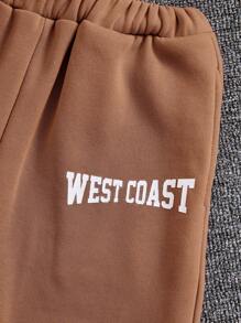 SHEIN Tween Girl 青少年纯色图案字母印花连帽短款运动衫搭配宽松宽裤羊毛加厚休闲套装 - 駝色 - 查看 5