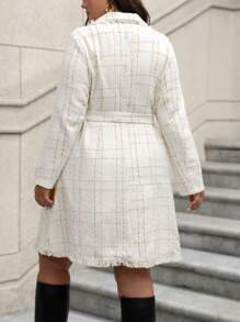 Celure Women's Plus Size Grid Pattern Frayed Waist Tie Dress - White - View 2