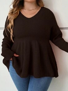 SHEIN CURVE+ 加大尺碼v領毛衣,配有收腰細節 - 咖啡棕 - 查看 1
