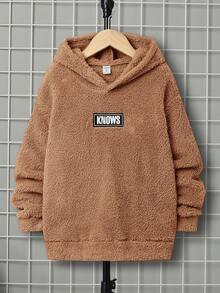 SHEIN Cậu bé Tween Giải trí Vá chữ cái Dây rút áo có mũ Lỏng lẻo phù hợp Áo nỉ - Màu Khaki - Xem 4