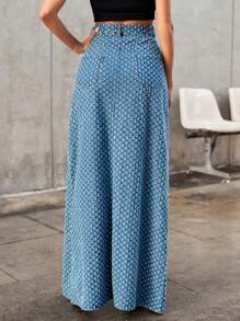 SHEIN ICON 全印花高開叉牛仔裙 - 中等水洗藍 - 查看 2