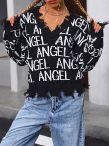 Chiquease Women's Letter Printed Distressed Knit Pullover Fall Winter Sweater - Black and White - View 3