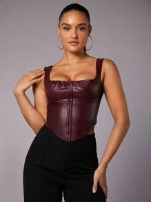 SHEIN BAE Women's Asymmetrical Hem Faux Leather Tank Top For Summer - Red - View 1