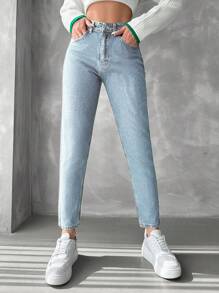 EURMUSE Hög Midja Avsmalnande Fit Jeans - Ljustvätt - Visa 3
