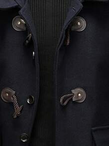 Men's Hooded Horn Button Woolen Coat - Navy Blue - View 3