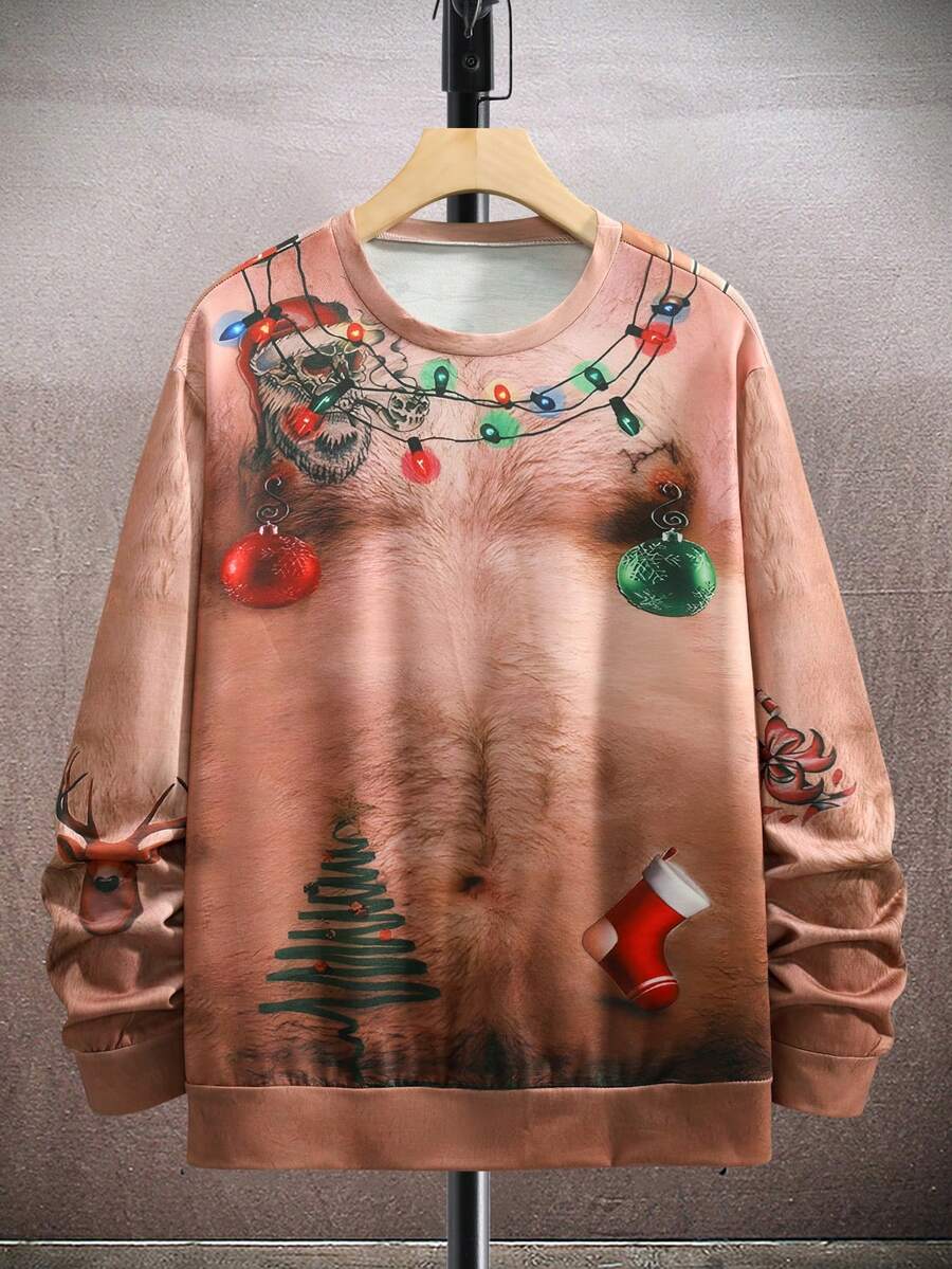 Manfinity LEGND 男士聖誕圖案圓領運動衫 - 棕色 - 查看 1