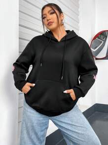 Flirla Của phụ nữ Kích thước lớn In thư Dây rút Áo nỉ có mũ - màu đen - Xem 5