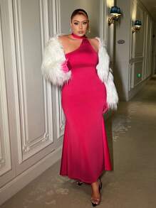 SHEIN SXY Women'S Plus Size Asymmetric Neckline Bodycon Pleated Dress - Hot Pink - View 8