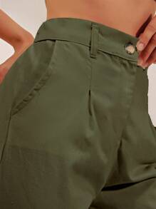 Cloudara Pantalones Cortos Plegados Y Plisados De Color Sólido - Caqui - Ver 6