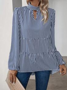 EMERY ROSE 女用條紋燈籠袖襯衫 - 藍白色 - 查看 1