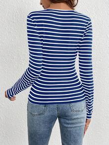 SHEIN LUNE 條紋印花長袖t卹 - 藍色 - 查看 2