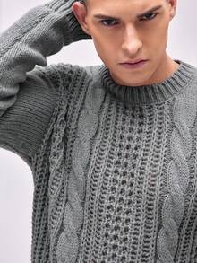 Manfinity Homme Men's Cable Knit Drop Shoulder Sweater - Light Grey - View 7