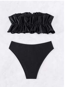 SHEIN Swim Ensemble de bikini bandeau plissé à volants de couleur unie pour femmes