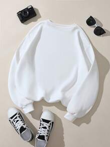 SHEIN LUNE Của phụ nữ In nét mỏng & Tim In Lông cừu Áo nỉ - trắng - Xem 2