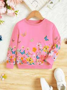 SHEIN 小女孩定位花卉可愛蝴蝶運動衫 - 粉色 - 查看 1