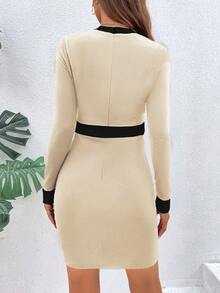 SHEIN Privé 長袖拼色連衣裙 - 杏色 - 查看 2