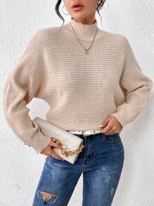 SHEIN LUNE Women's Half High Neck Lantern Sleeve Knit Pullover Fall Winter Sweater - Pink - View 3