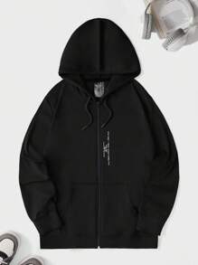 RueChic Men Slogan Graphic Zip Up Drawstring Hoodie - Black - View 1
