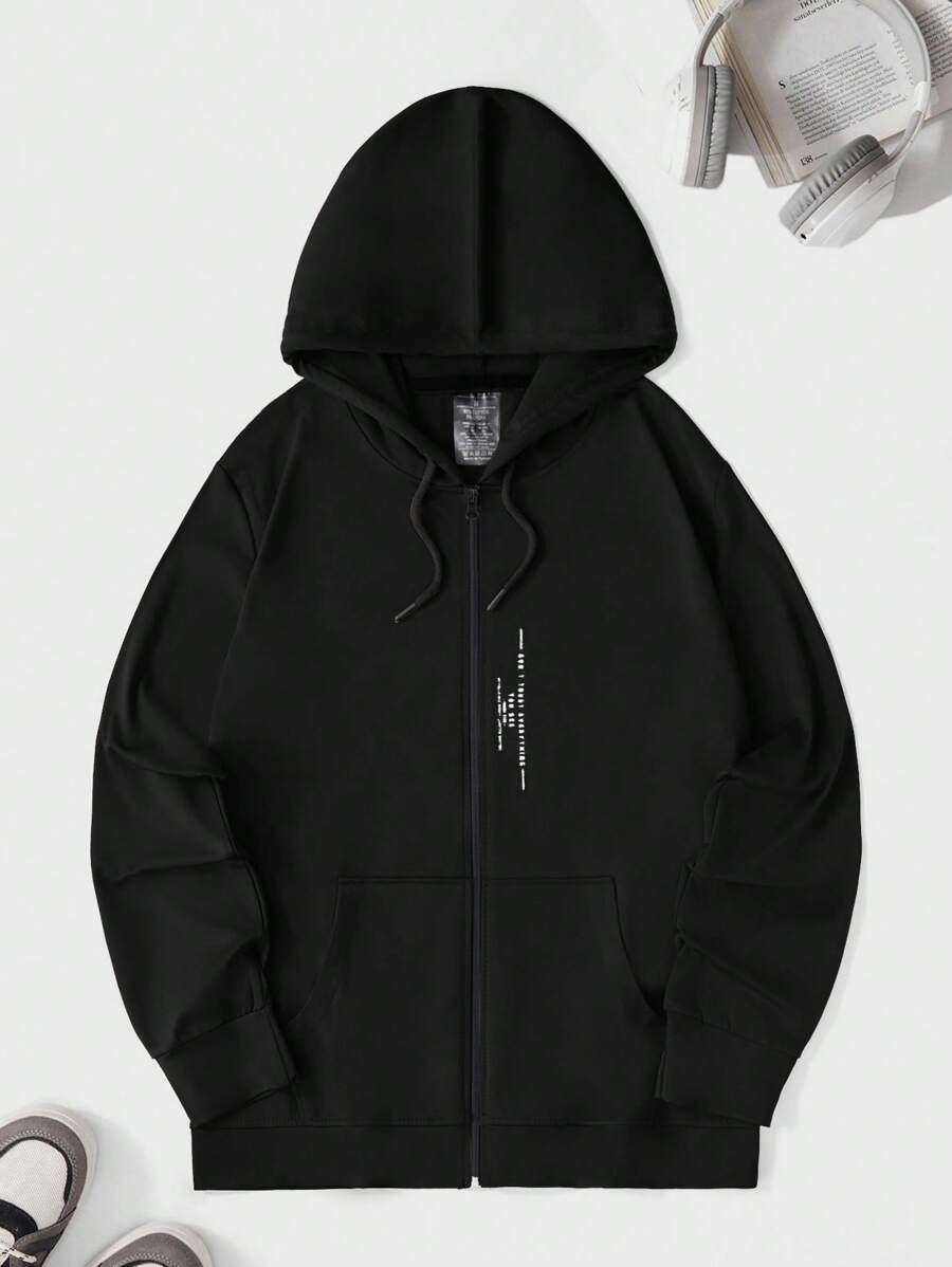 RueChic Men Slogan Graphic Zip Up Drawstring Hoodie - Black - View 1