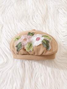 Infant Girls' Floral Embroidered Woolen Coat With Front Button Closure + Hat - Khaki - View 3