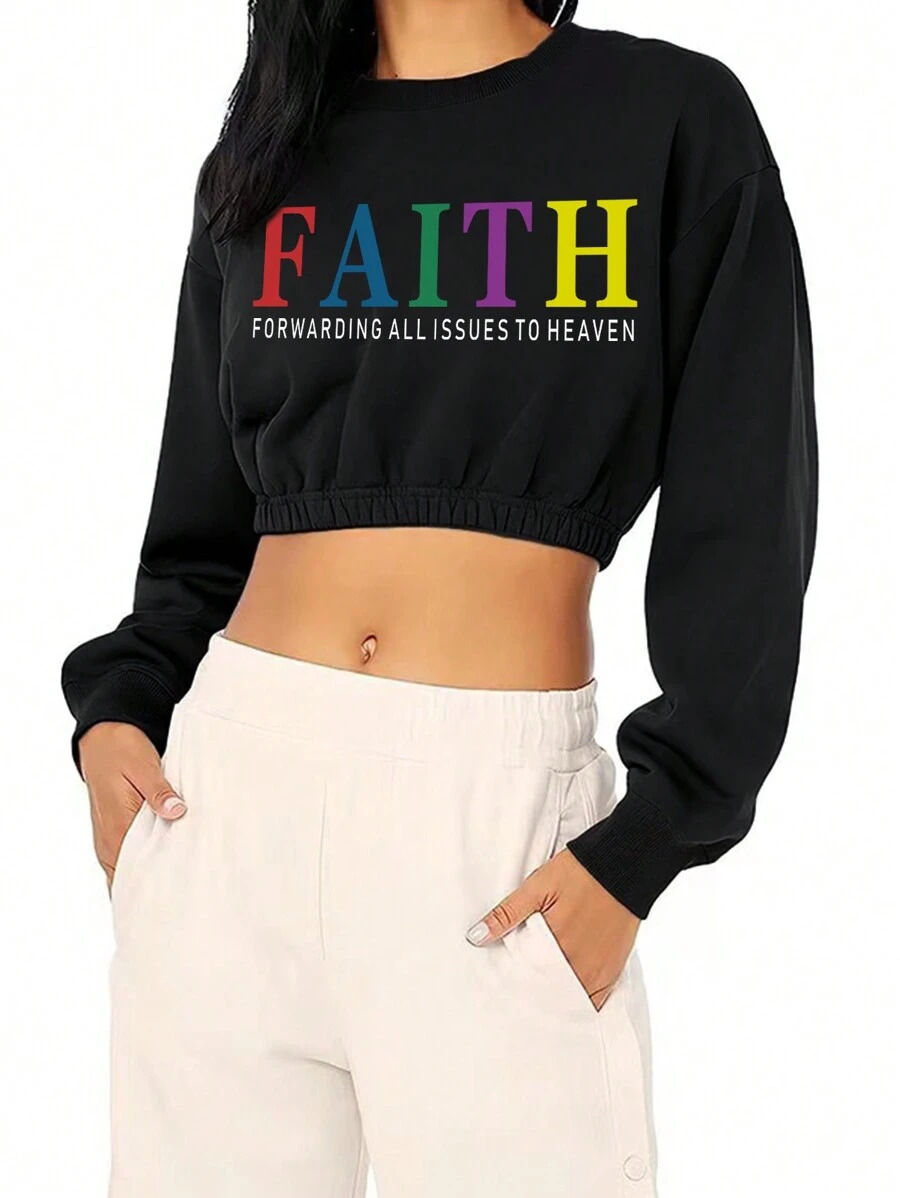 SHEIN EZwear Của phụ nữ Thả vai Tay áo Lá thư In Áo nỉ - màu đen - Xem 1