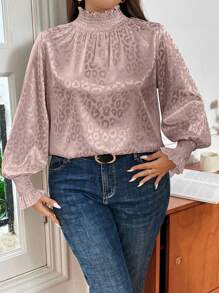 SHEIN Privé 大尺碼女式提花豹紋襯衫 - 藕粉色 - 查看 5