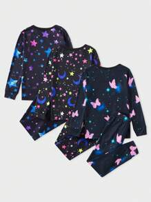 Young Girl Snug Fit 3 Sets Long Sleeve Long Pants Pajama With Reflective Pattern - Black - View 2