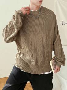 Claim Dot Men's Cable Knitted Sweater With Drop Shoulder And Loose Fit - Khaki - View 3