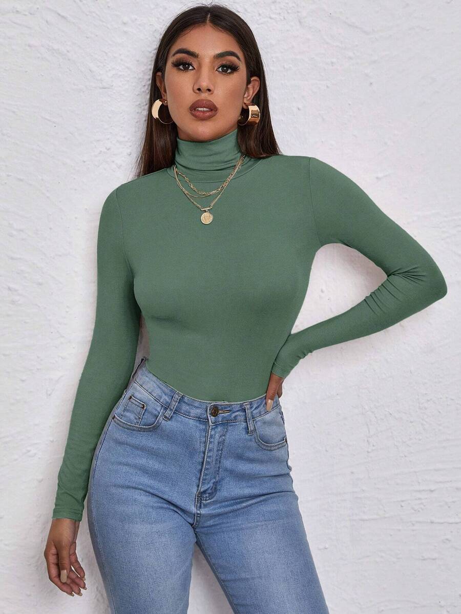 RueChic High Neck Form Fitted Tee - Army Green - View 1