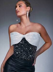 Hauture Contrast Sequin Bow Front Tube Top - Multicolor - View 1