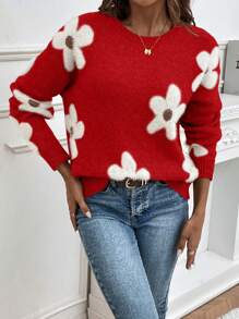 SHEIN LUNE Giải trí Thả vai Áo len Với Hình hoa - Đỏ - Xem 3