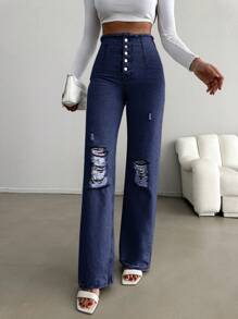 RueChic Vaqueros De Mezclilla Desgastados Con Bragueta De Botones Para Mujer
