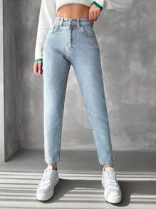 EURMUSE Hög Midja Avsmalnande Fit Jeans - Ljustvätt - Visa 6