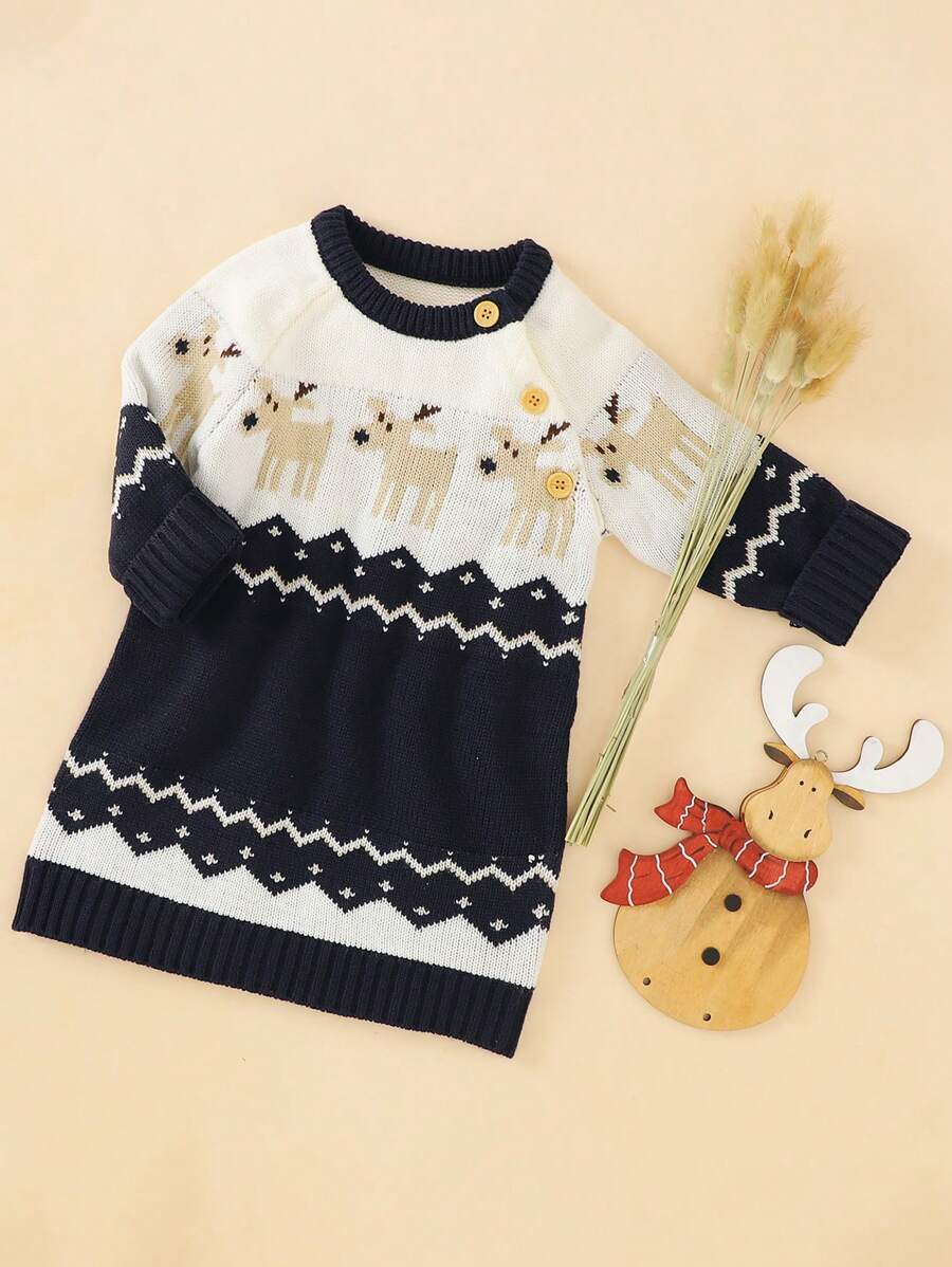 Infant Girls' Cartoon Pattern Sweater Dress - Navy Blue - View 1