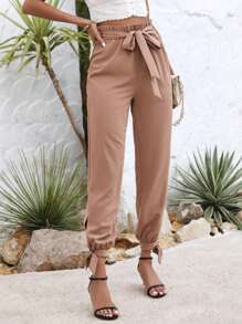 Breezaya 女款花卉蕾絲腰帶和袖口結細節九分褲 - 卡其色 - 查看 6