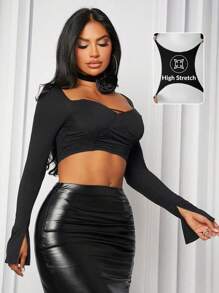 SHEIN SXY Cổ áo vuông Buộc at Trở lại Dài tay Quần skinny Áo - màu đen - Xem 7