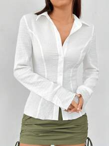 SHEIN EZwear White Woven Women's Shirt,Long Sleeve Tops