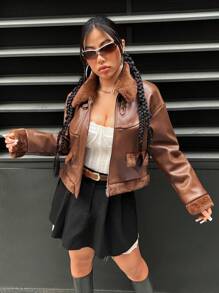 SHEIN EZwear chất liệu da PU Áo khoác Với 	
Fuzzy Cắt tỉa Flip Bề mặt Chi tiết - màu nâu - Xem 4