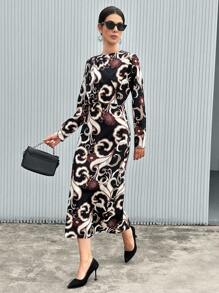 GENKIRA Vestido Largo Con Cuello Barco Plisado, Estampado Con Mangas Largas Y Abertura Trasera - Negro - Ver 6