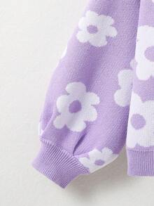 SHEIN Suéter De Niña Con Hombros Caídos Y Patrón Floral - Morado - Ver 4