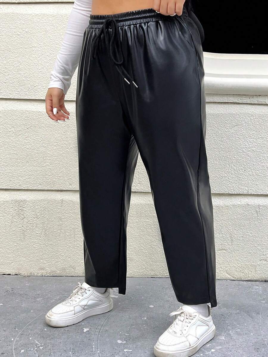 SHEIN EZwear 女式大尺碼抽繩鬆緊腰帶長褲 - 黑色 - 查看 1