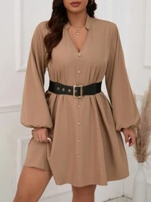 SHEIN LUNE Thanh lịch Kích thước lớn Tay áo dài Cổ chữ V Đầm - Màu Khaki - Xem 6