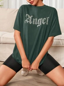 SHEIN Cottnline Rhinestone Letter Decorated Short Sleeve T-shirt - Dark Green - View 5