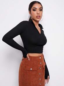 SHEIN EZwear Summer Outfits Zip Front Thumb Hole Crop Tee